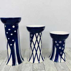 VTG Set of 3 Pacific Rim Candle Holders Blue White Ceramic Taper Candlestick